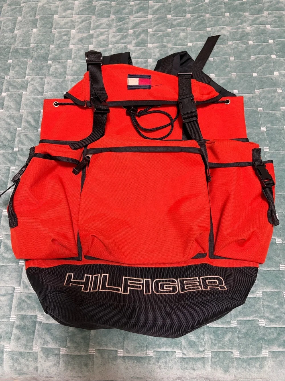Vintage Tommy Hilfiger Orange Black Multi Pocket Backpack Hiking Travel Bag